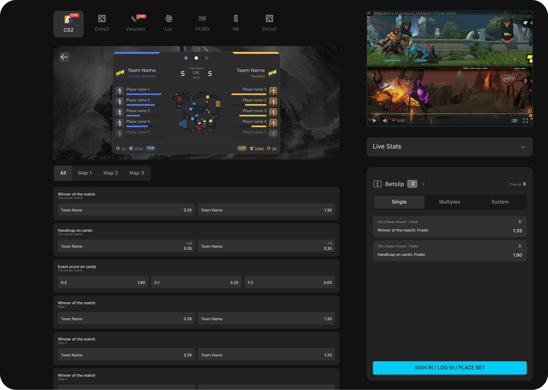 GRID Odds live esports betting product with markets and betslip