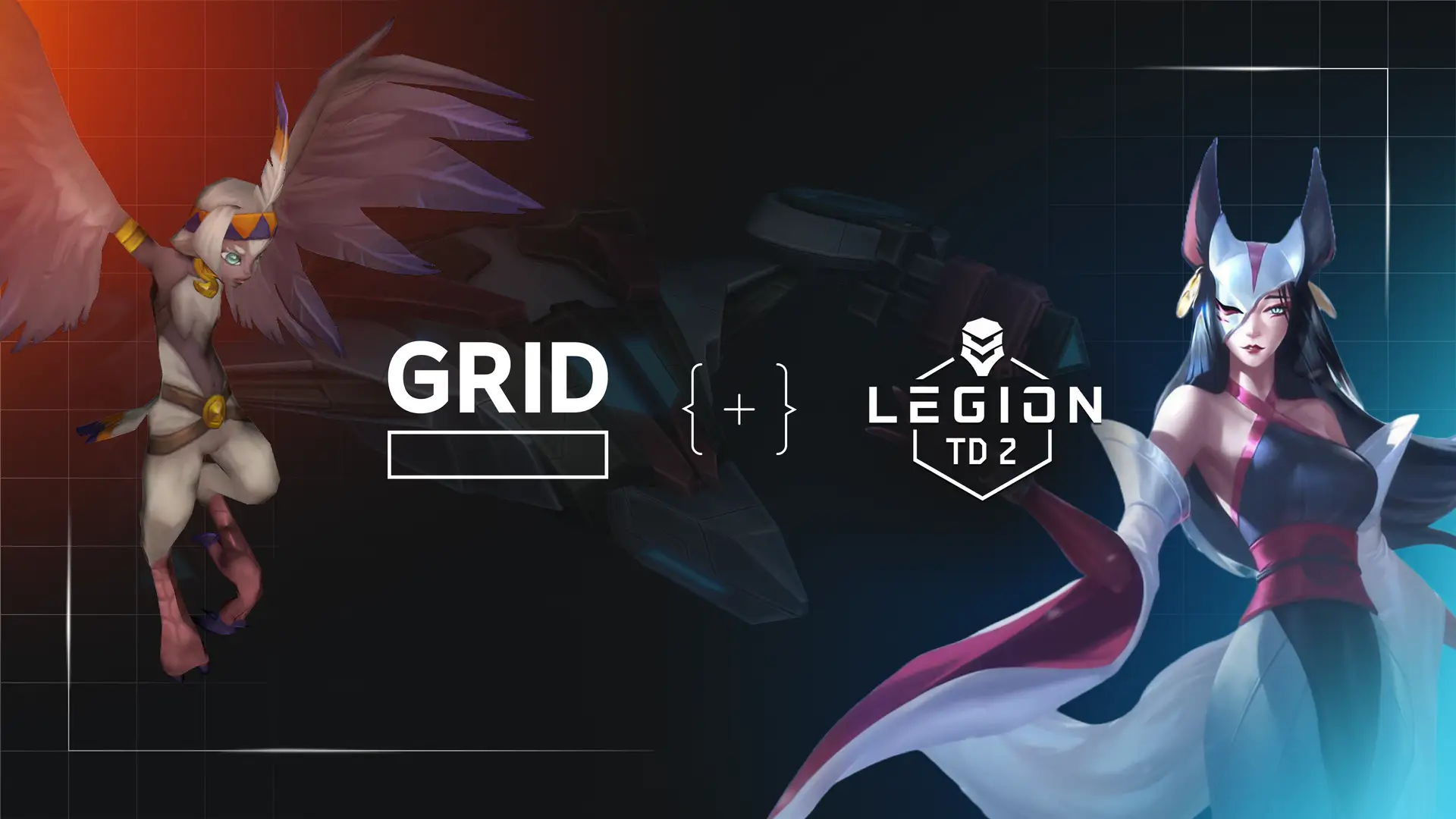Two stylized fantasy characters from the game Legion TD 2 with the text \"GRID + LEGION TD 2\" on a dark grid-patterned background.