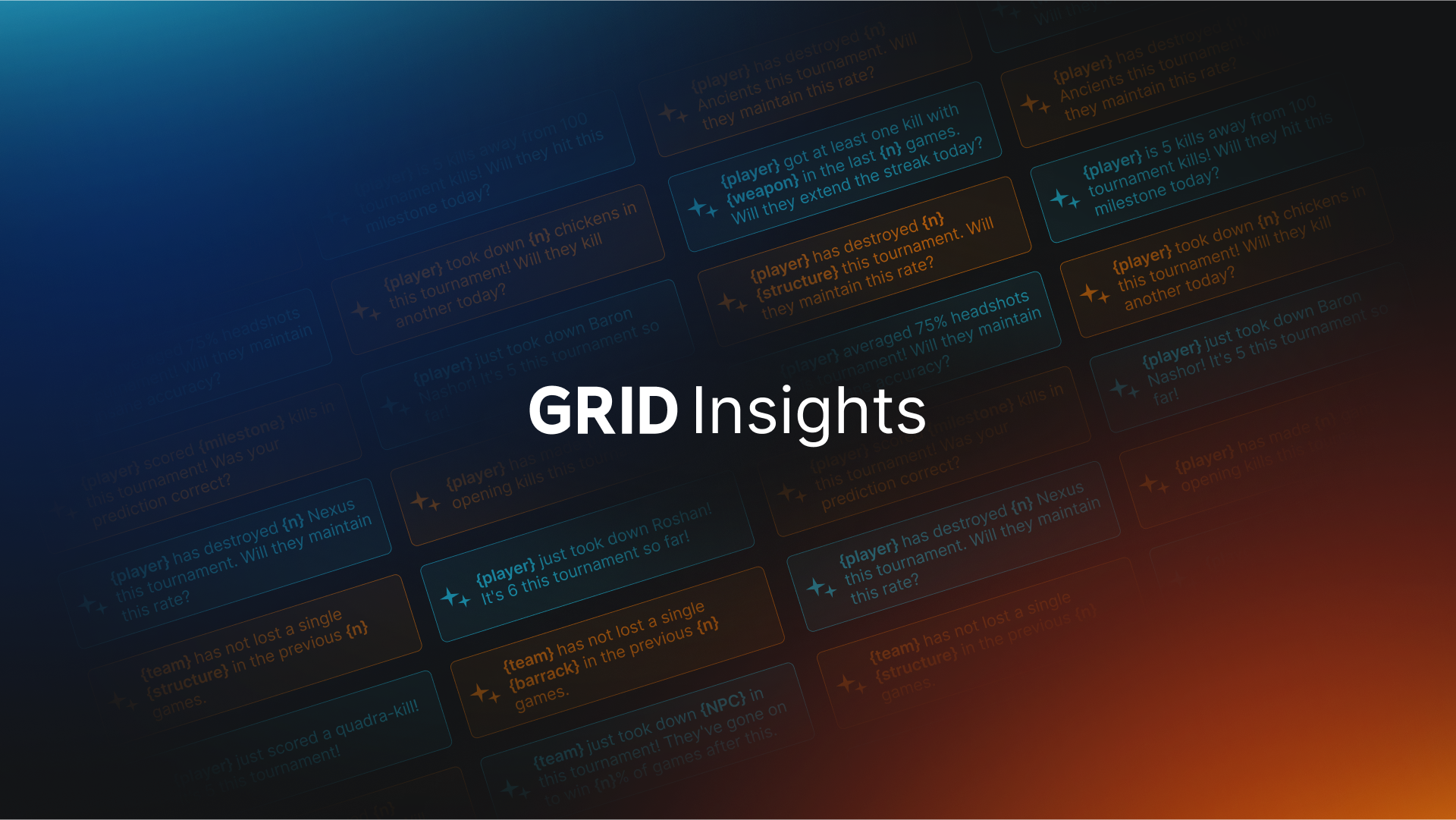 A dark, abstract background with glowing blue and orange gridlines overlaid with white text "GRID Insights" prominently in the center. Around the central text are various blurred examples of data points and questions, suggesting real-time analysis of esports tournament events, such as player kills, structure destruction, and team performance, with predictive questions about maintaining rates or extending streaks. The overall purpose of the image is to visually represent the concept of data-driven insights and real-time AI context in esports, specifically for GRID Insights.
