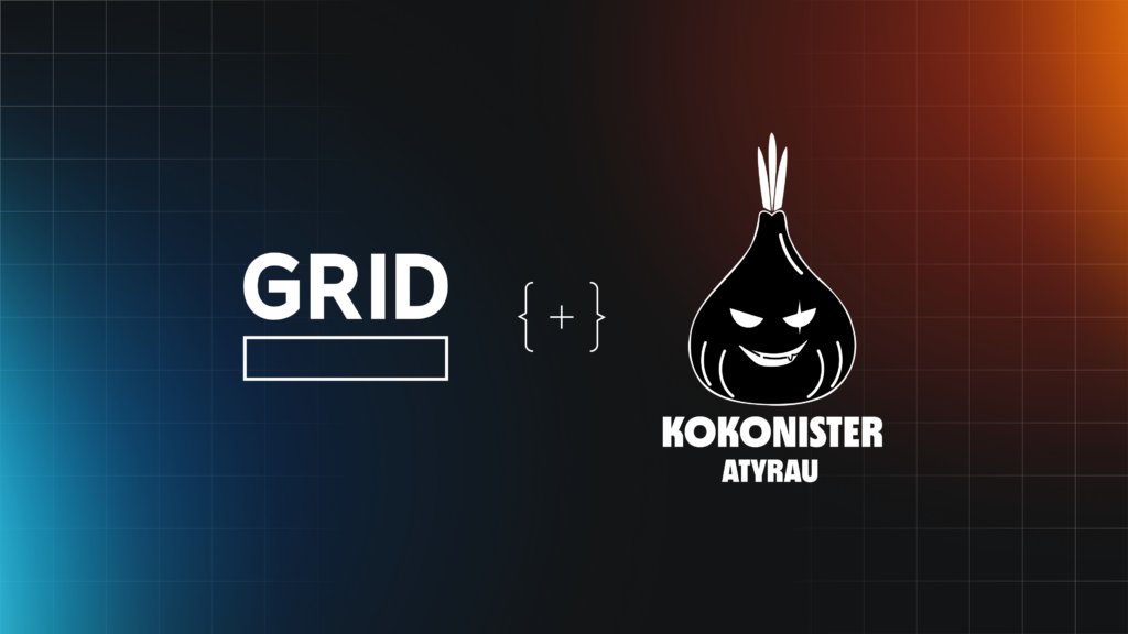 Partnership graphic displaying the logos for GRID and Kokonister Atyrau side-by-side on a dark grid background.